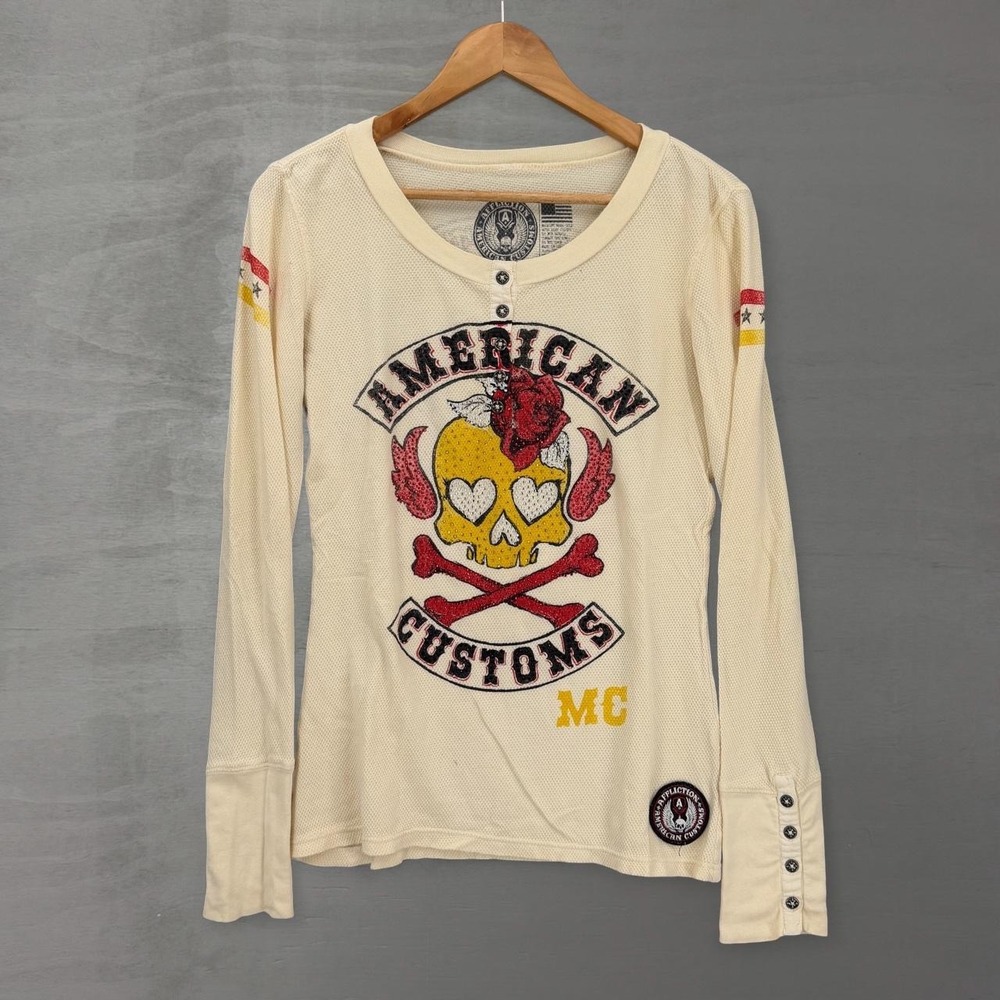 Affliction Y2K American Customs MC Thermal Henley Cream Skull Graphic Large
